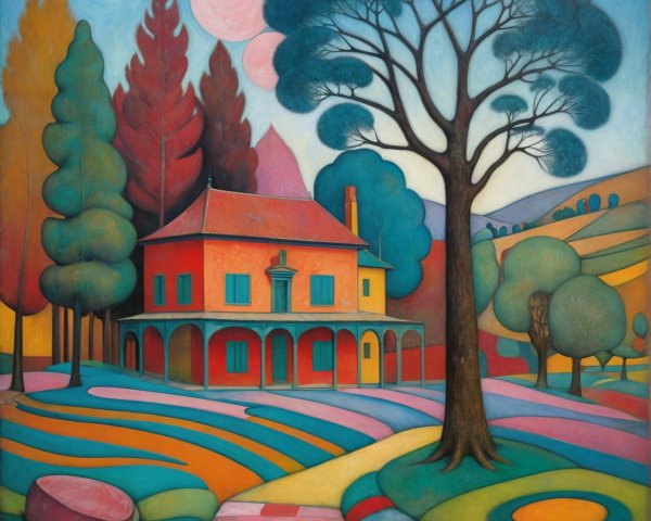 Vibrant Landscape with Colorful House and Two Moons