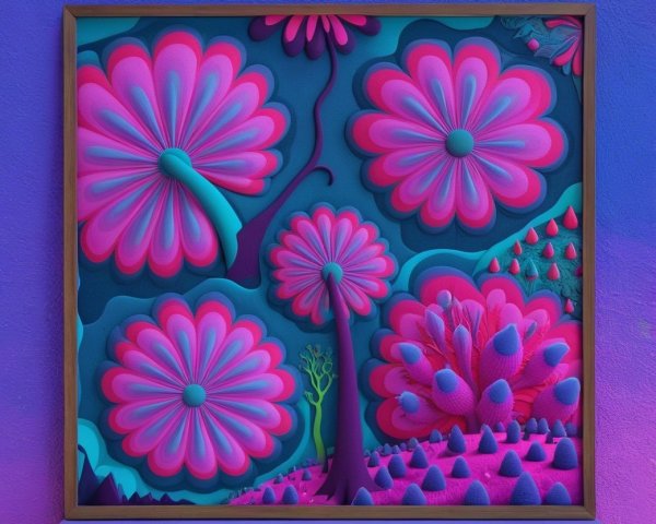 Abstract Artwork of Oversized Flowers in Blue Background