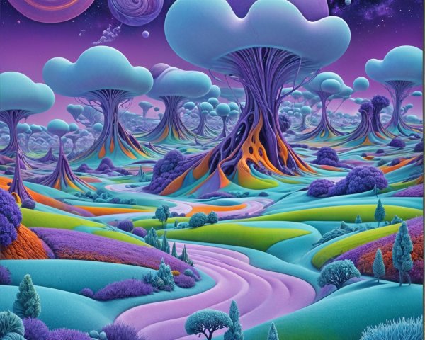 Surreal Landscape with Whimsical Trees and Galaxies