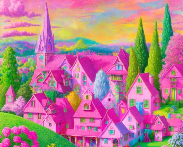 Whimsical Village with Pink Buildings and Pastel Sky