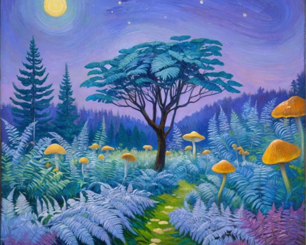 Whimsical Landscape with Tree and Vibrant Foliage