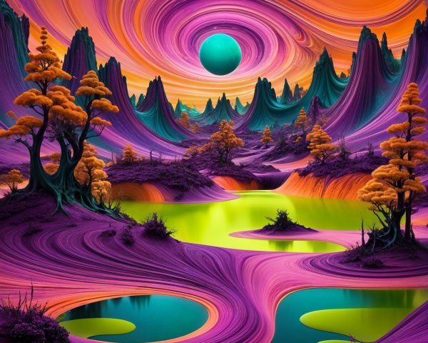 Surreal Landscape with Vibrant Colors and Dramatic Elements