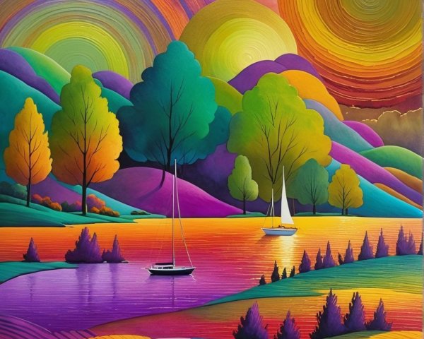 Vibrant Landscape with Swirling Skies and Sailboats