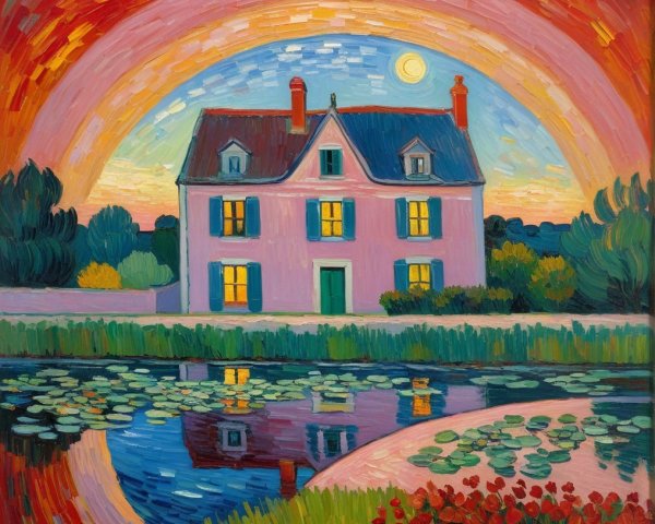 Vibrant House by Serene Pond at Sunset