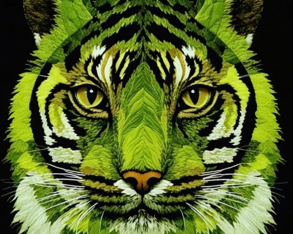 Vibrant Green Tiger Face with Nature-Inspired Backdrop