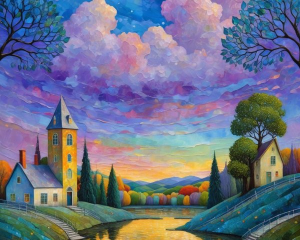 Vibrant landscape with river, houses, and colorful sky