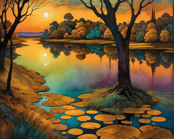 Tranquil Lake at Dusk with Colorful Sunset Reflection