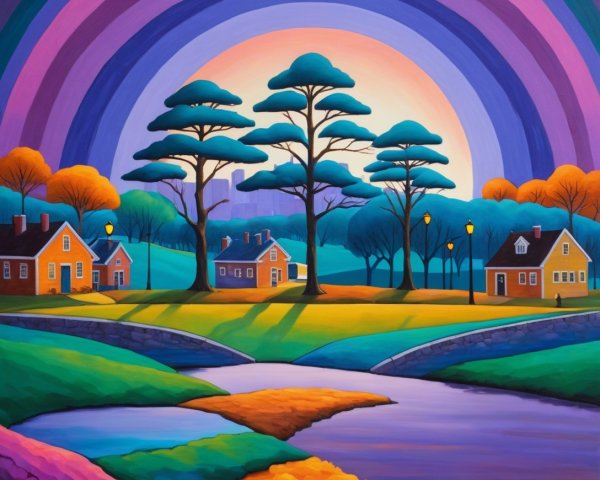 Vibrant Countryside with Colorful Houses and Lanterns