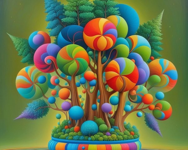 Surreal Landscape with Colorful Trees and Patterns
