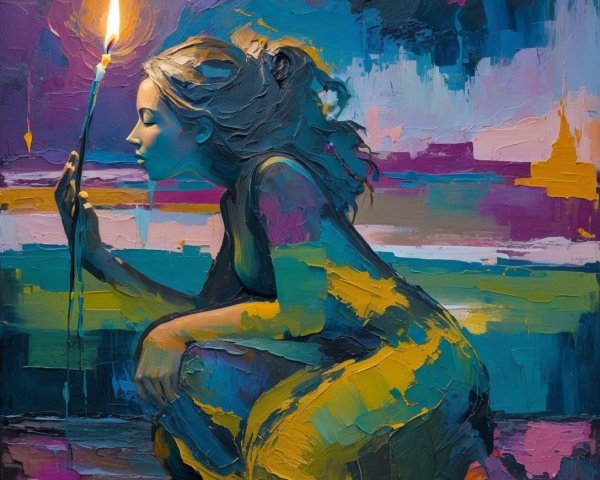 Crouched Woman with Candle in Abstract Colors