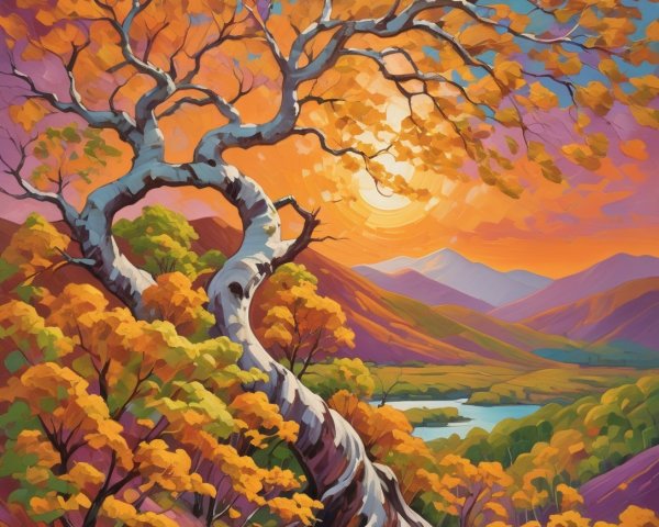Vibrant Autumn Landscape with Twisting Tree and River