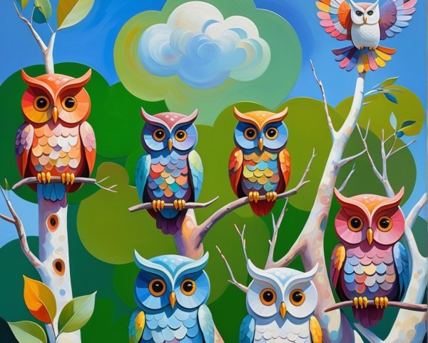 Colorful Owls Perched on Branches Under Blue Sky
