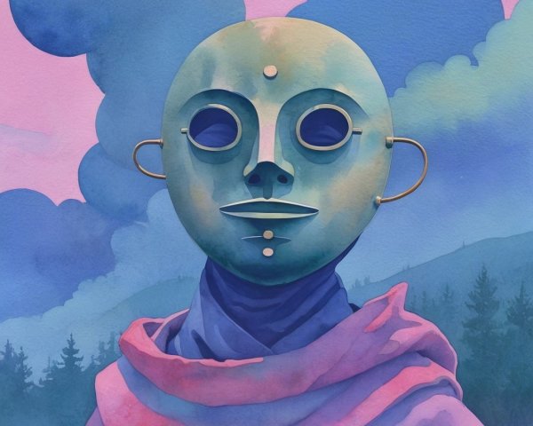 Serene figure in purple robe against dreamy clouds