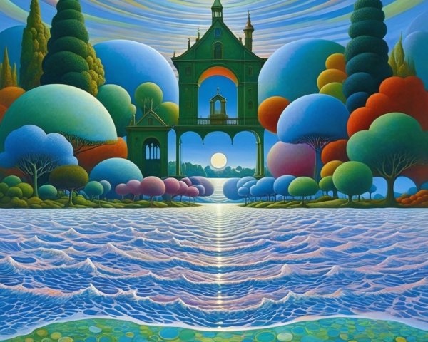 Surreal Landscape with Whimsical Green Mansion