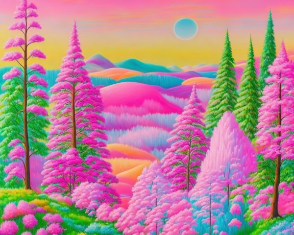Vibrant Landscape with Pink Trees and Rolling Hills
