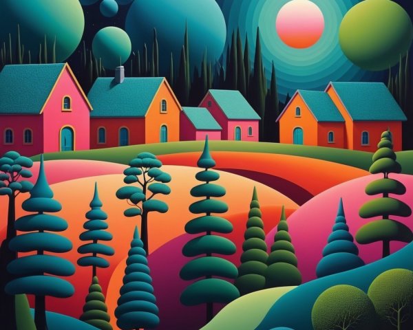 Surreal Landscape with Colorful Houses and Abstract Planets