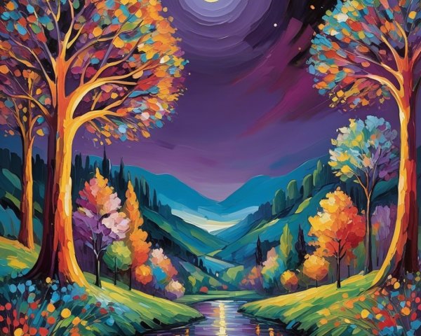 Vibrant Impressionistic Nighttime Landscape Painting