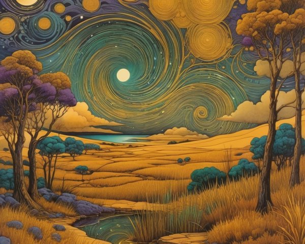 Whimsical Landscape with Celestial Night Sky