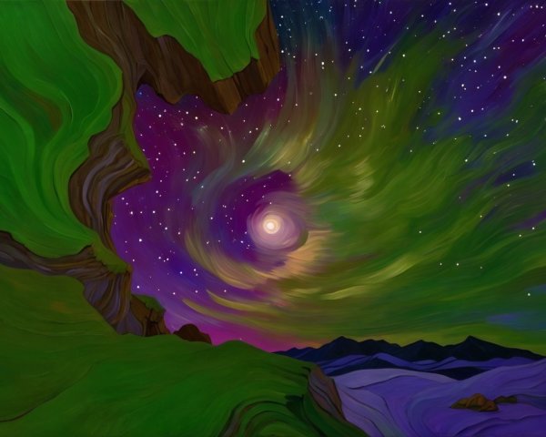 Vibrant Night Sky with Celestial Orb and Cliffs