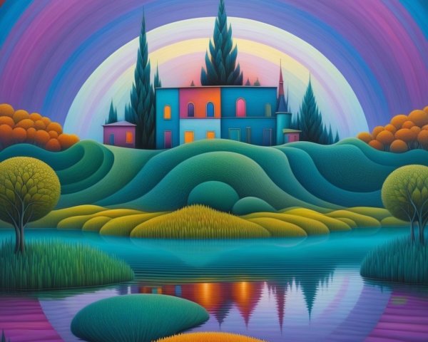 Vibrant Landscape with Colorful House and Sunset