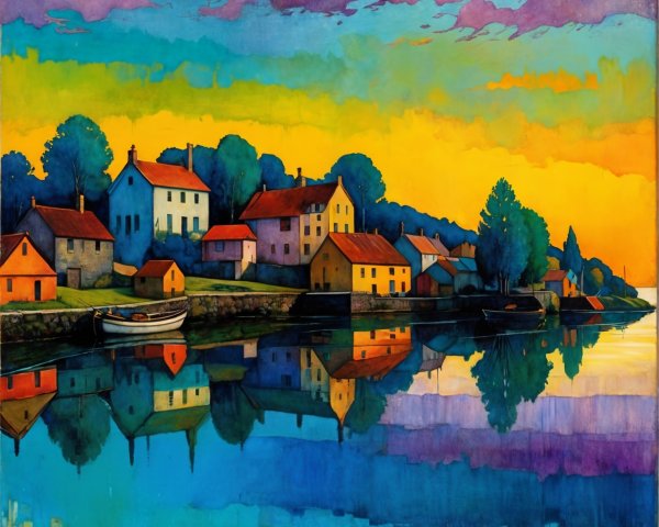Vibrant Landscape of Waterfront Village at Sunset