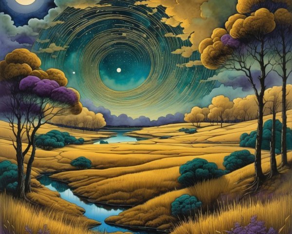 Surreal Landscape with Golden Fields and Starry Sky