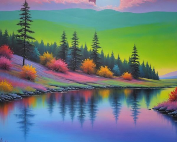 Surreal Landscape with Lake, Forest, and Full Moon