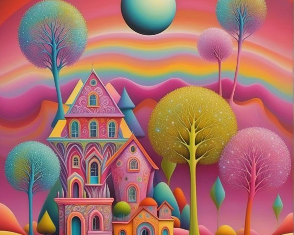 Vibrant Dreamlike Landscape with Whimsical House