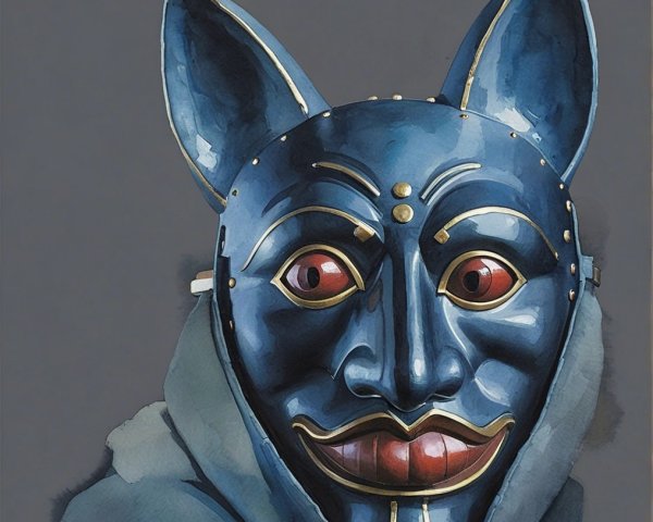 Ceremonial mask with bluish hue and cat-like ears