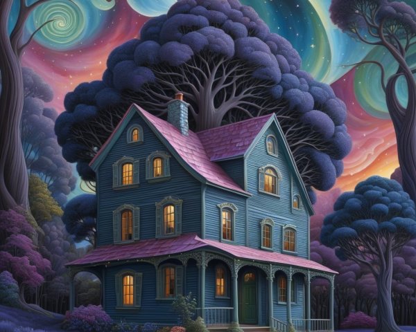 Whimsical Blue House Under a Cosmic Night Sky