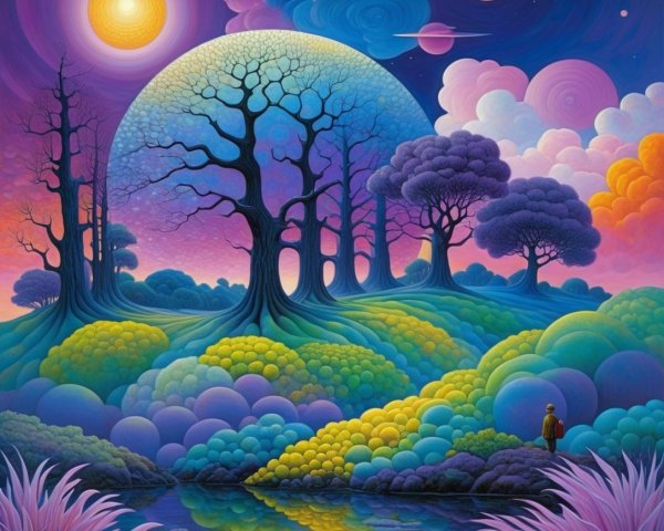 Surreal Landscape with Vibrant Colors and Glowing Orb