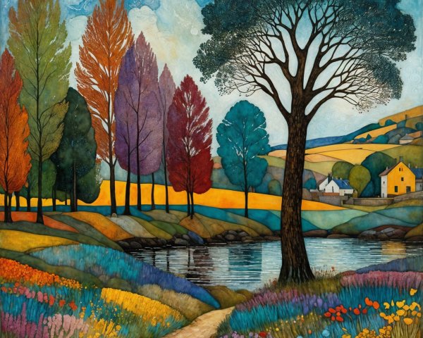Vibrant Autumn Landscape with Serene River and Houses