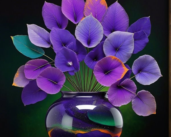 Vase with Purple Leaves and Colorful Swirling Design