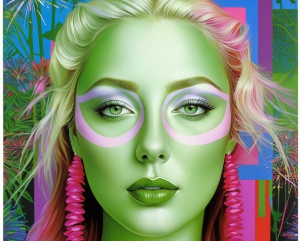 Portrait of a Woman with Green Skin and Bold Makeup