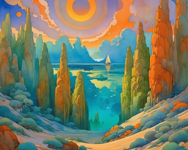 Vibrant Landscape with Towering Rock Formations and Water
