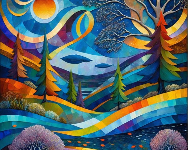 Abstract Landscape with Swirling Colors and Shapes