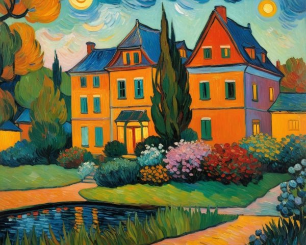 Vibrant Landscape with Colorful House and Pond