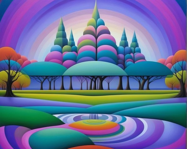 Abstract Landscape with Colorful Cone-Shaped Trees