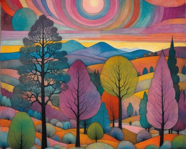 Vibrant Landscape with Abstract Trees and Hills