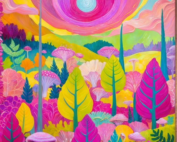 Vibrant Whimsical Landscape with Colorful Foliage