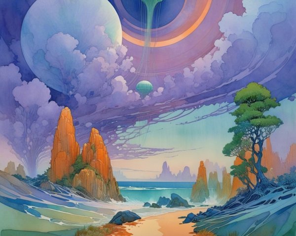 Surreal Landscape with Vibrant Colors and Rock Formations