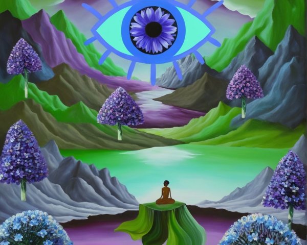 Serene landscape with purple mountains and meditation scene