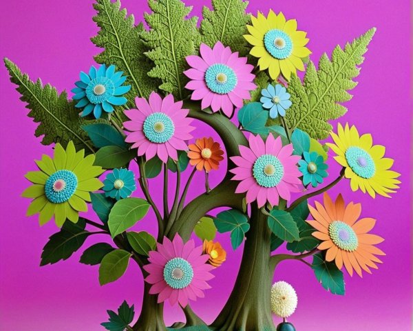 Whimsical Paper Sculpture of a Colorful Tree and Flowers