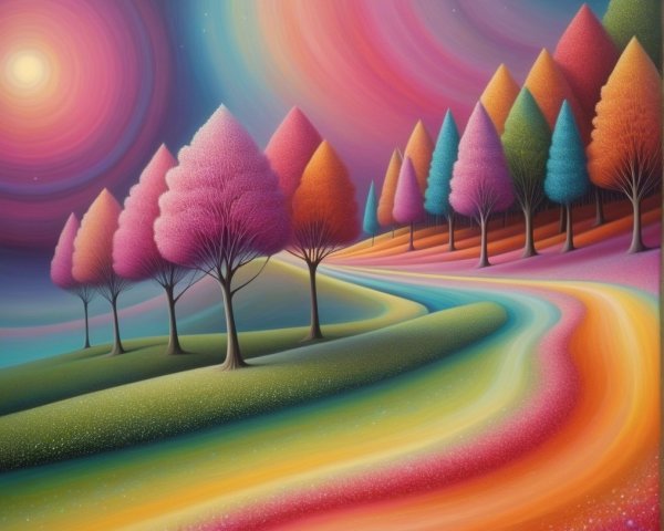 Vibrant landscape with whimsical colorful trees and sky