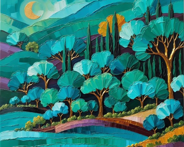 Vibrant Impressionistic Landscape with Textured Trees