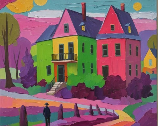 Colorful Painting of Houses in Surreal Landscape