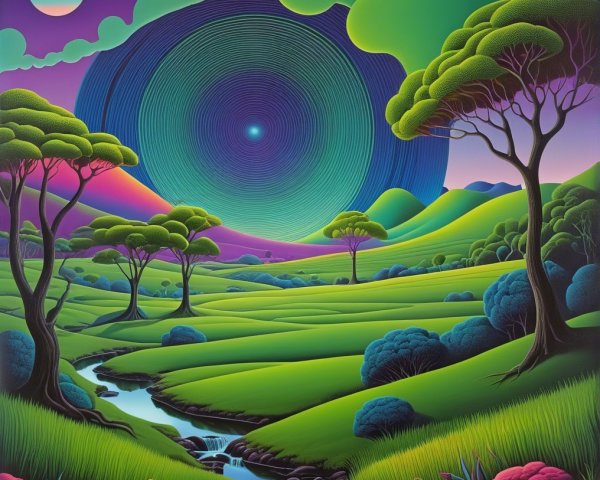 Vibrant Landscape with Rolling Hills and Cosmic Sky