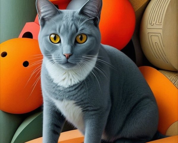 Gray Cat with Golden Eyes and Abstract Background