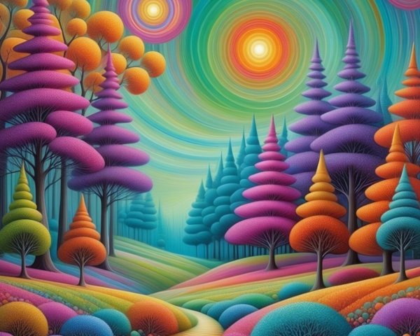Psychedelic Forest Scene with Vibrant Colors and Shapes