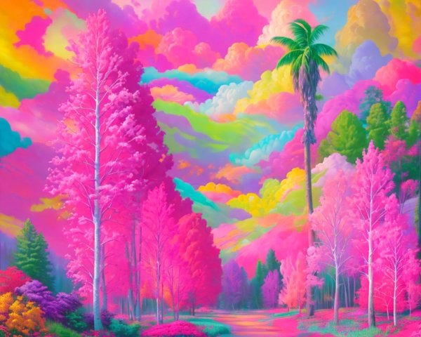 Surreal Landscape with Colorful Trees and Flowers